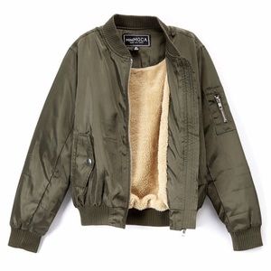 Mini Moca Girls Sherpa Lined Olive Bomber Jacket